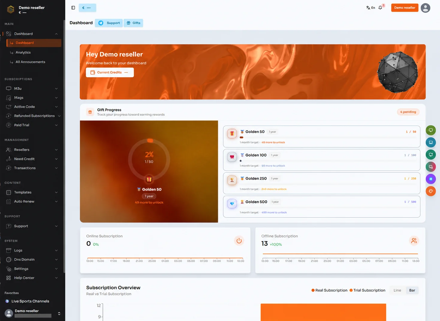Golden OTT reseller dashboard with subscription tools, credit navigation and private details redacted