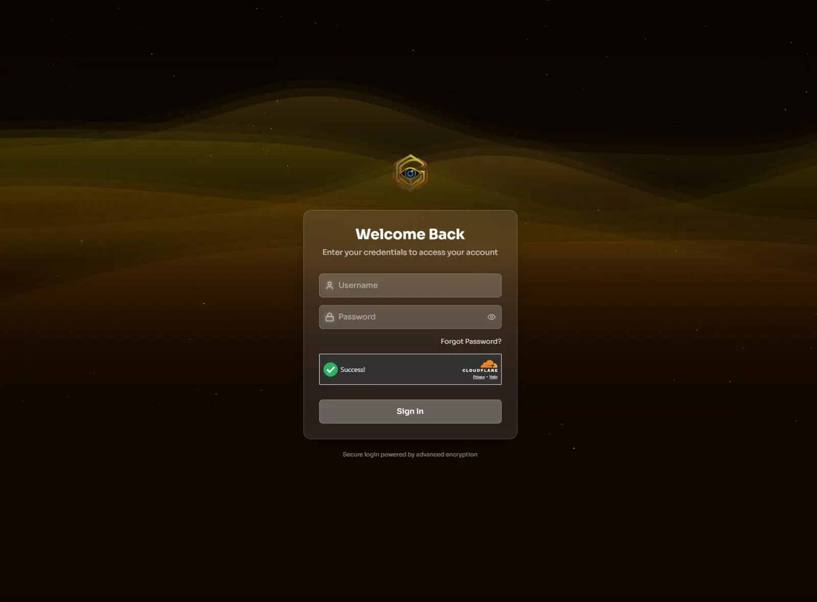 Golden OTT reseller panel login screen with username and password fields
