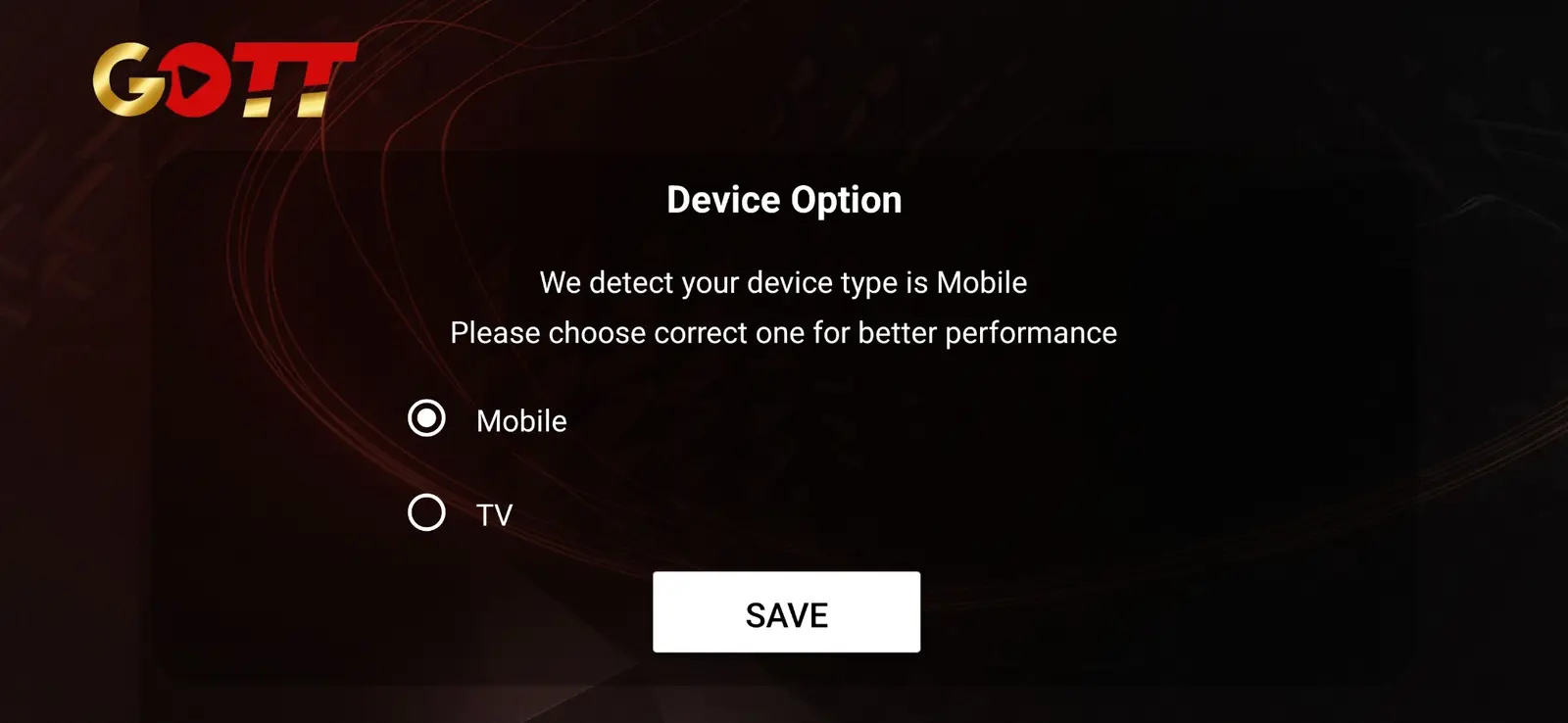 Golden Smart player device selection screen for mobile or television