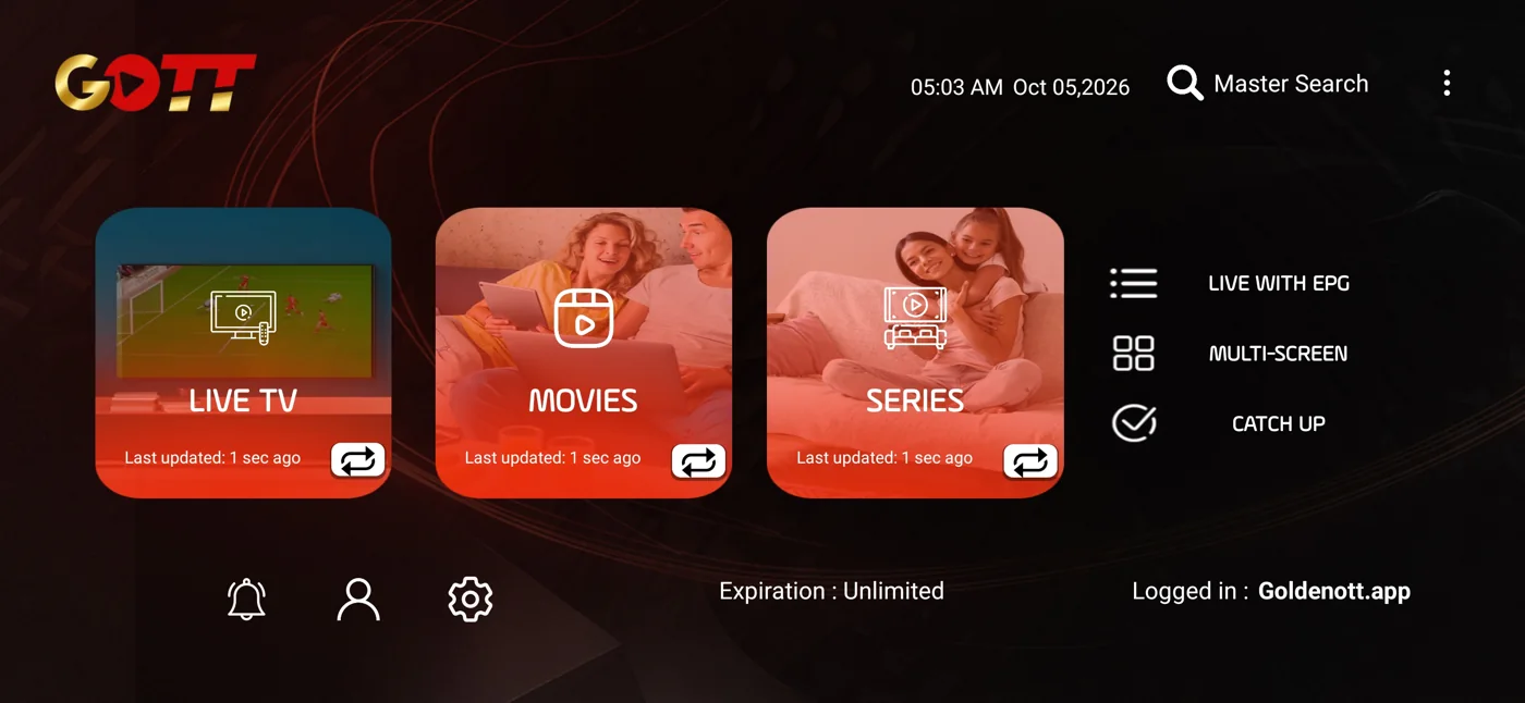 Golden Smart live TV, movies and series home screen