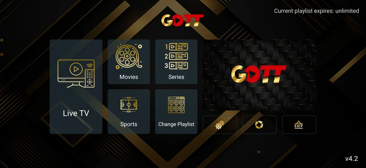 IBOGOLD home dashboard with live TV, movies and series tiles