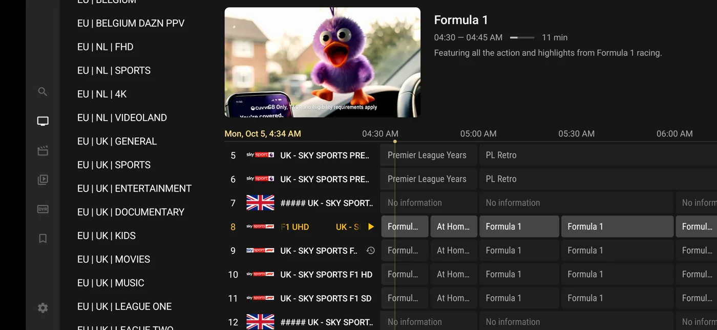 TiviGold live programme guide with favourites controls