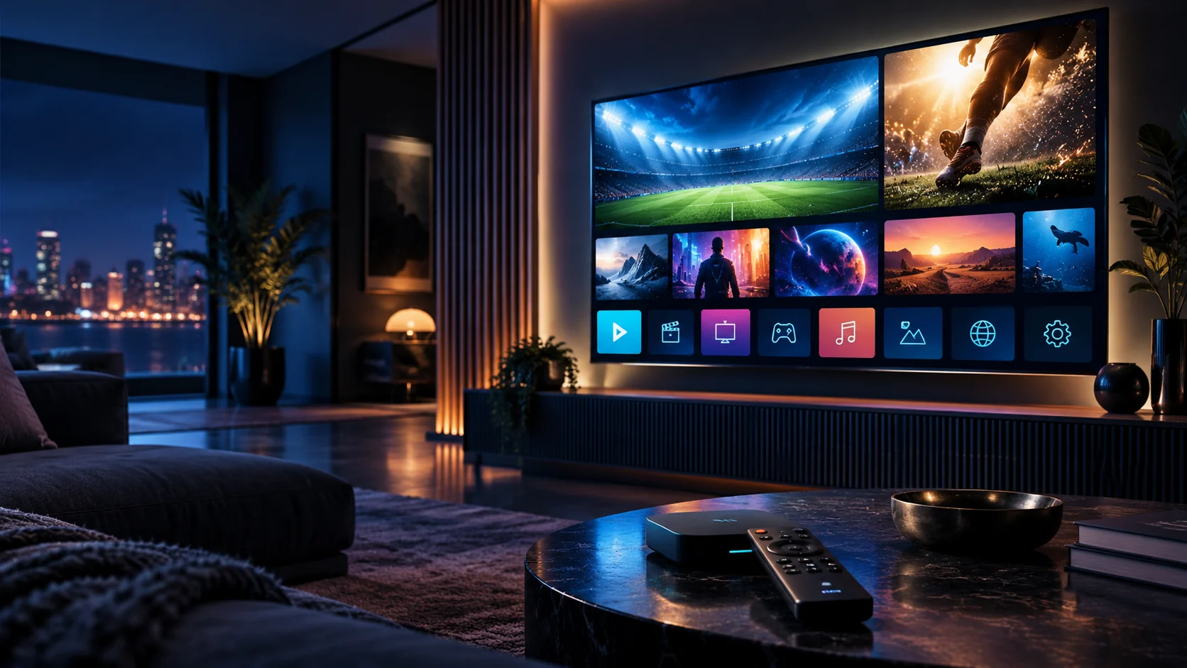Premium home streaming interface displayed on a widescreen television