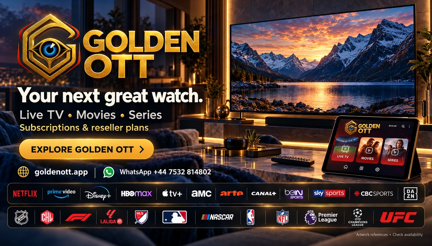 Golden OTT Your next great watch promotional card with branded viewing or account imagery, goldenott.app and WhatsApp support.