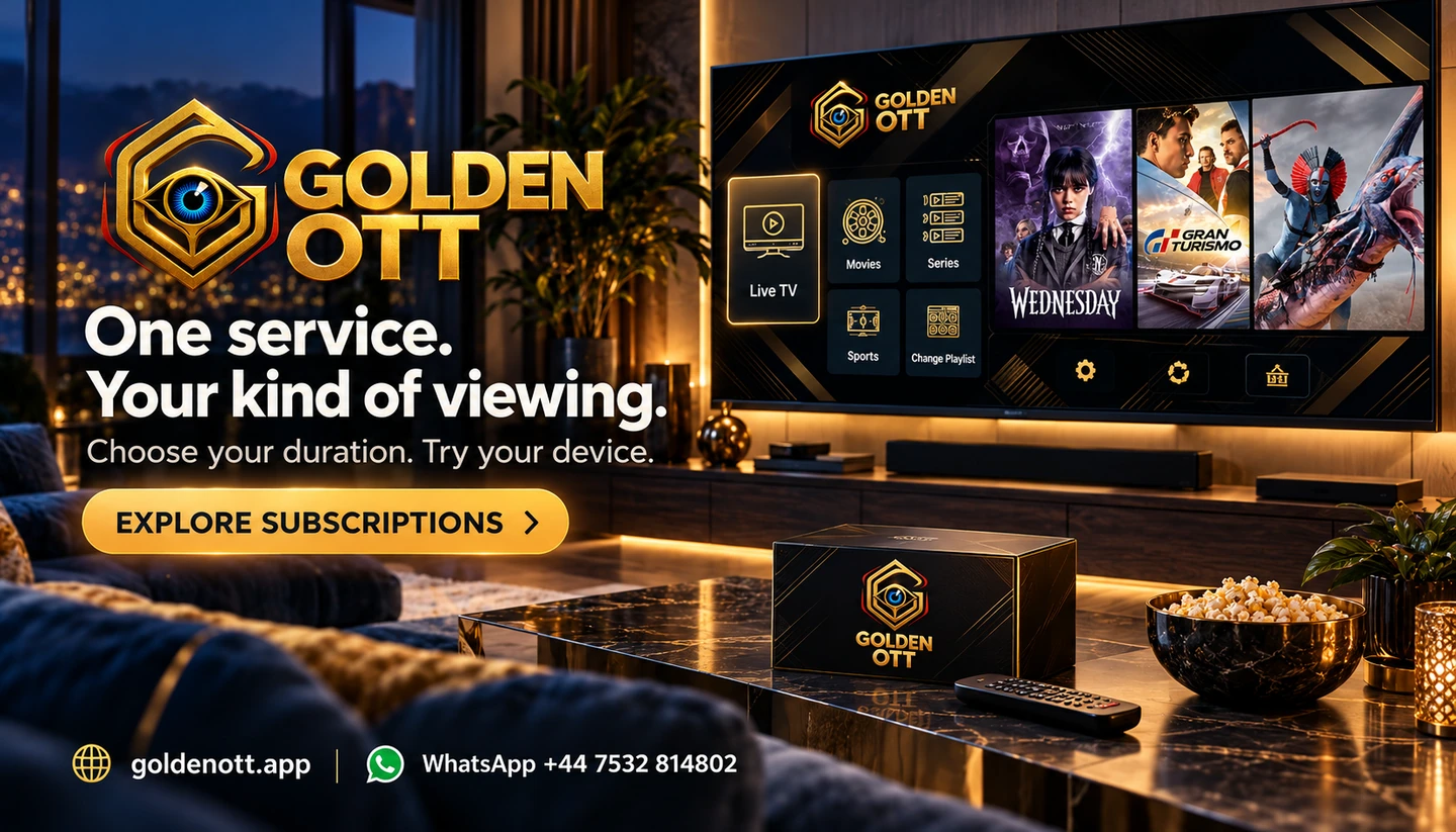 Golden OTT One service. Your kind of viewing promotional card with branded viewing or account imagery, goldenott.app and WhatsApp support.