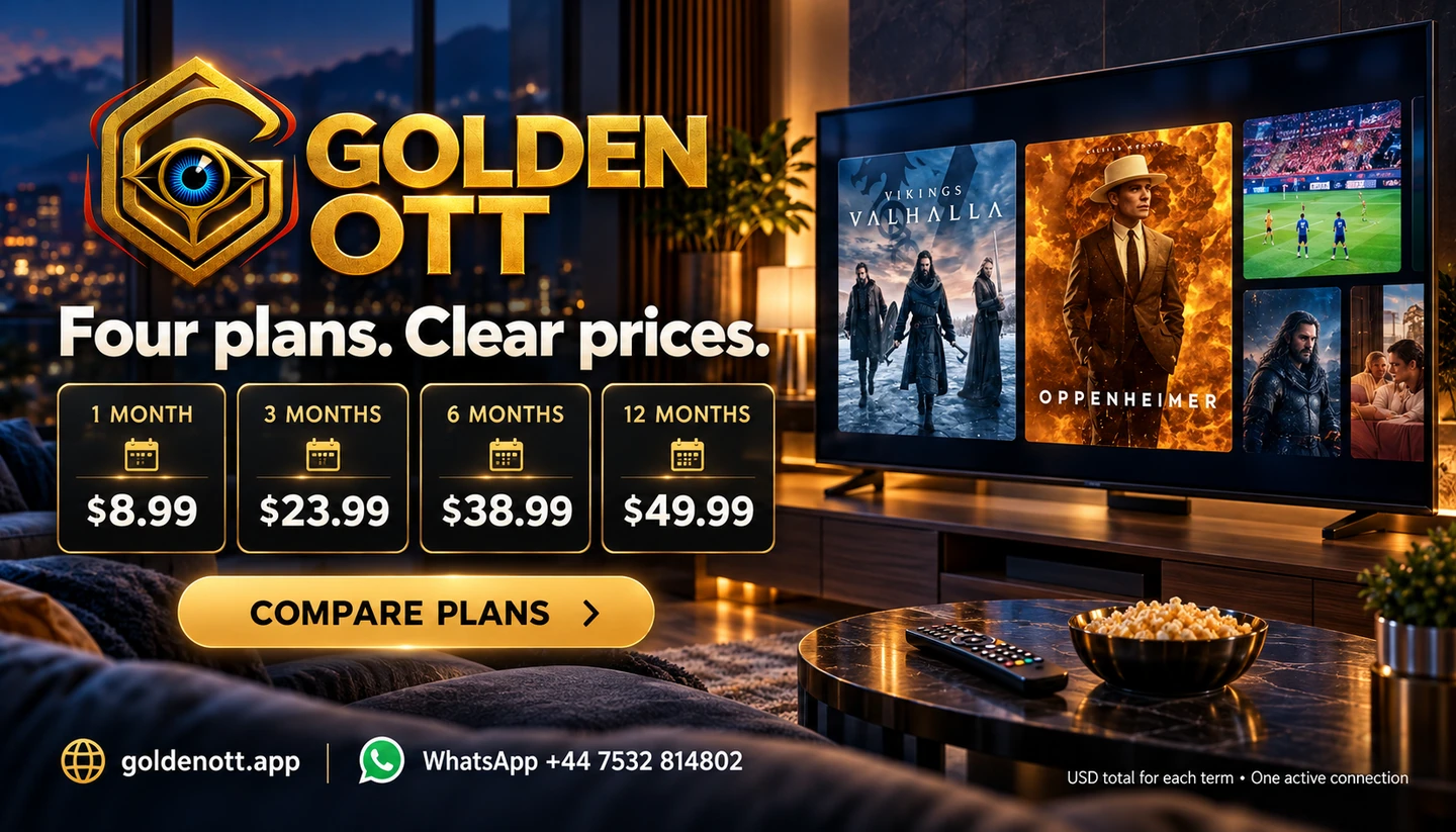 Golden OTT Four plans. Clear prices promotional card with branded viewing or account imagery, goldenott.app and WhatsApp support.