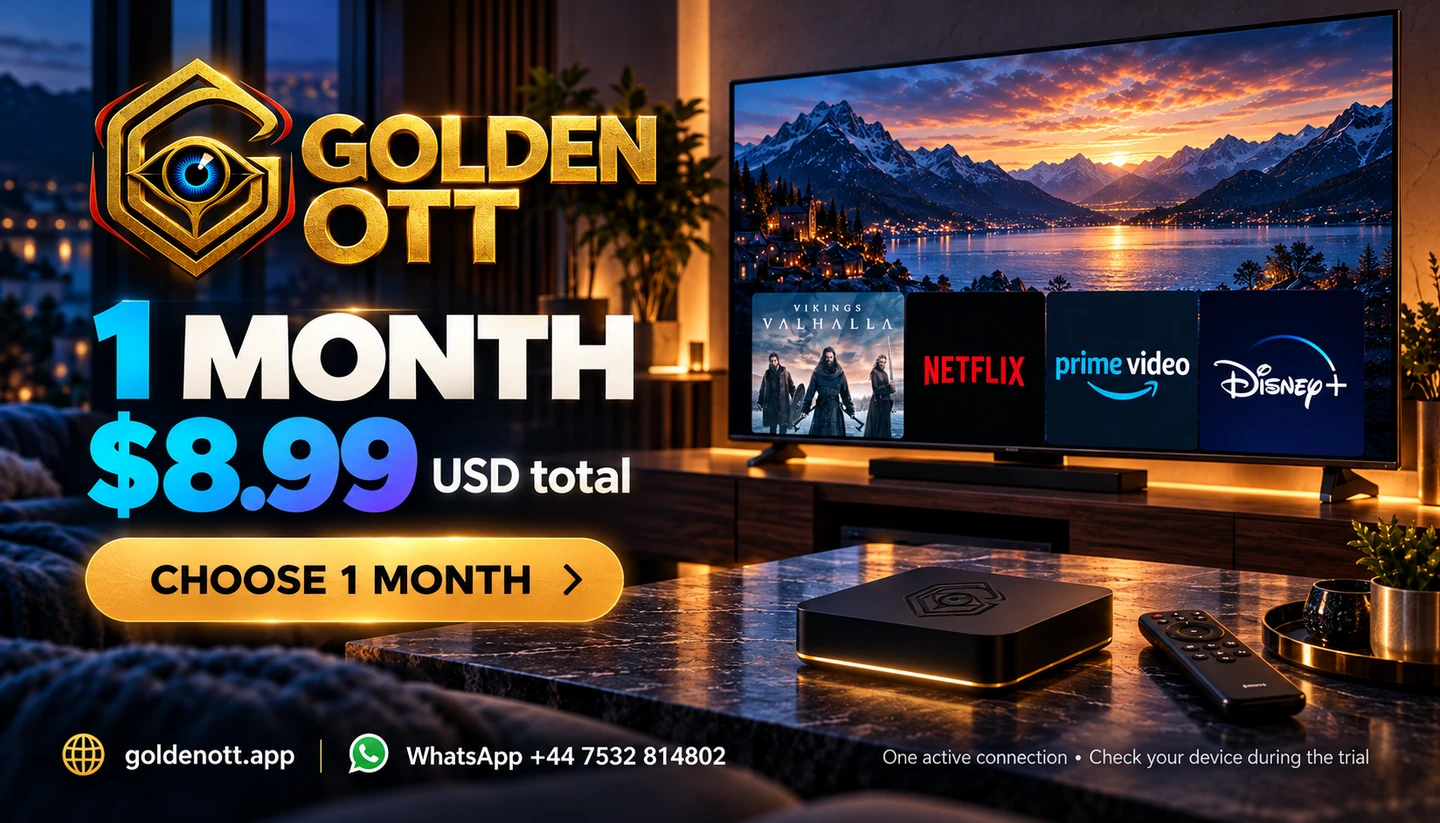 Golden OTT 1 month subscription card showing $8.99 USD total, gold eye branding and WhatsApp support.