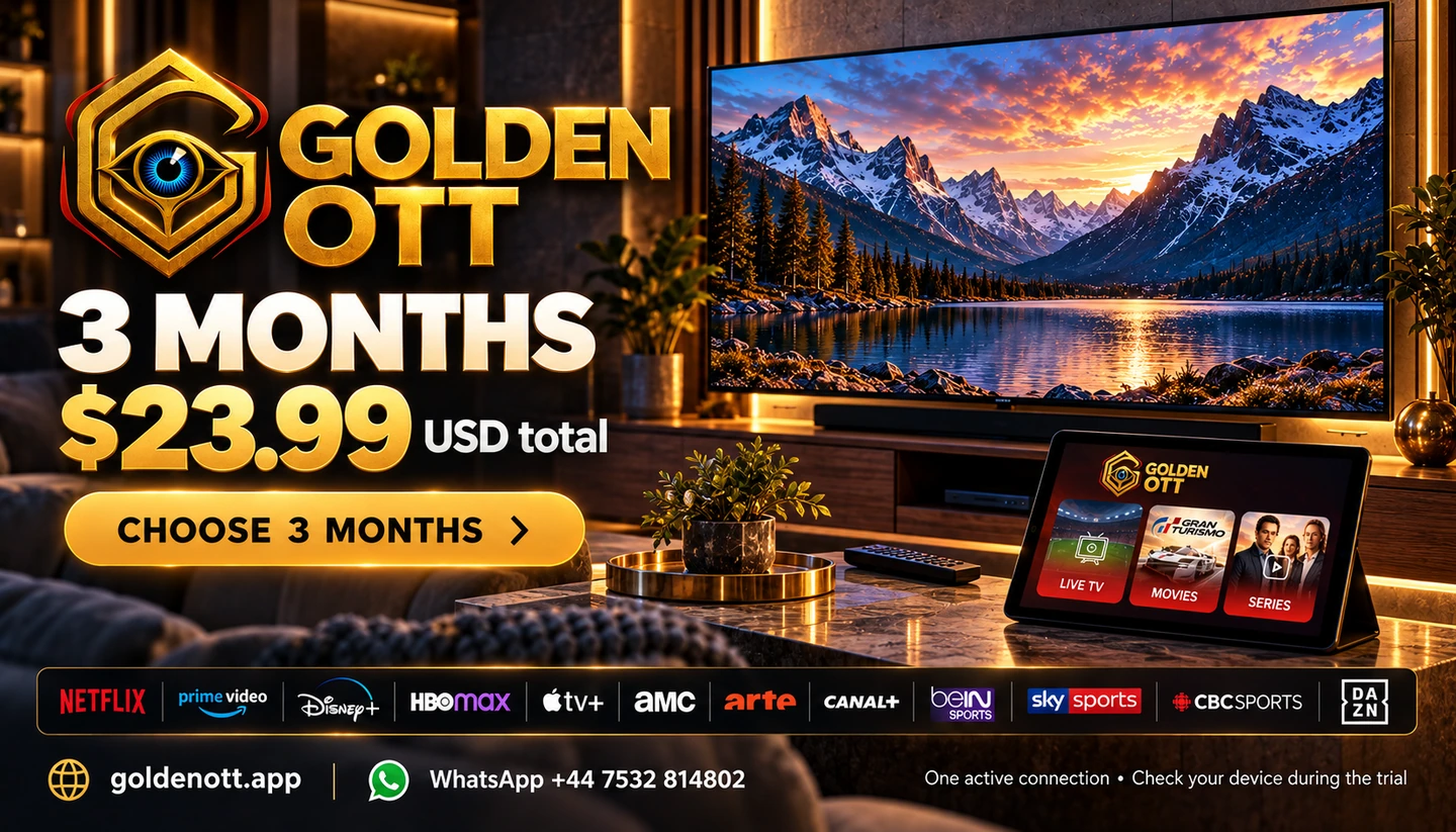 Golden OTT 3 months subscription card showing $23.99 USD total, gold eye branding and WhatsApp support.