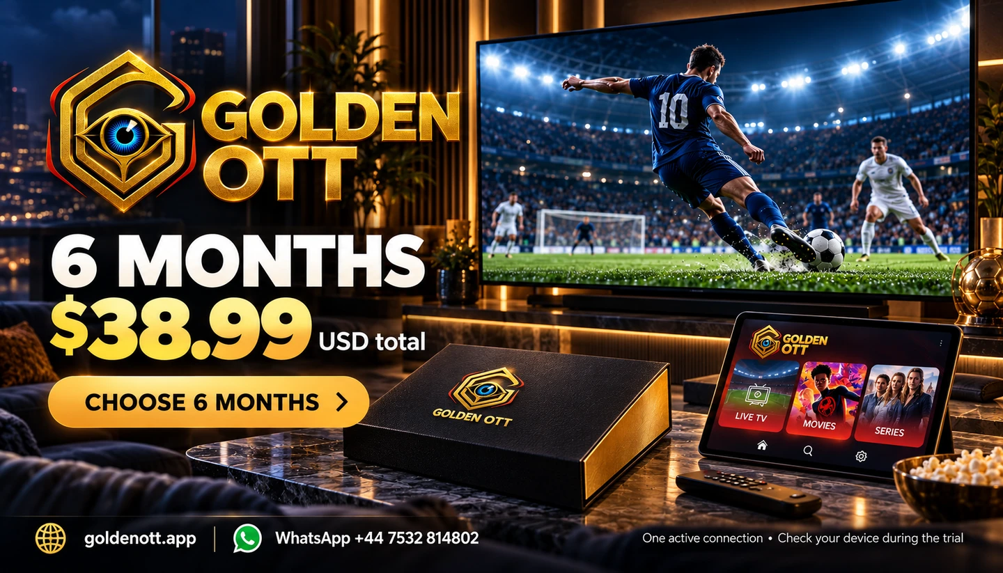 Golden OTT 6 months subscription card showing $38.99 USD total, gold eye branding and WhatsApp support.