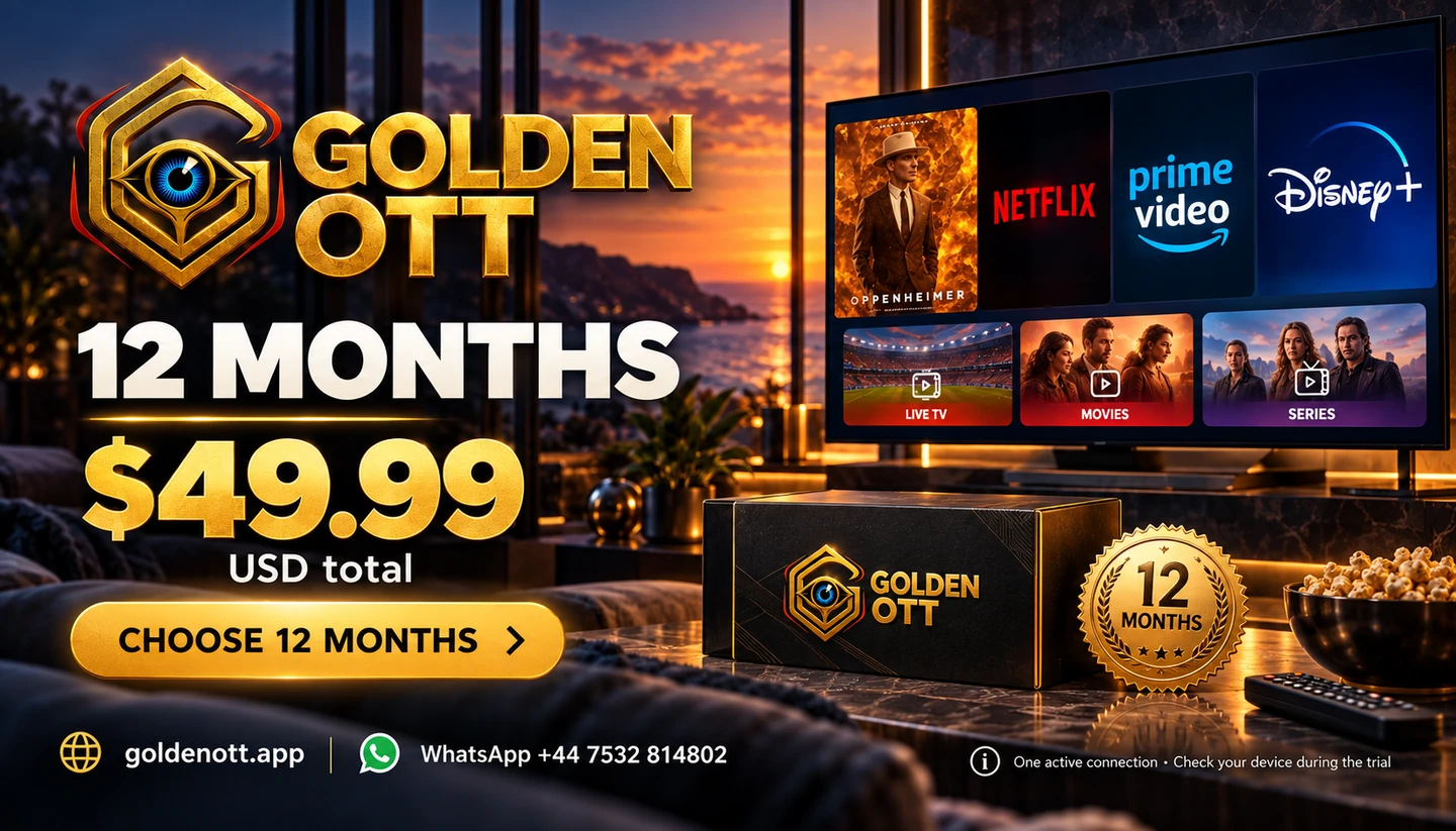 Golden OTT 12 months subscription card showing $49.99 USD total, gold eye branding and WhatsApp support.