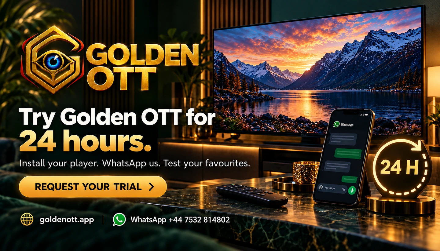Golden OTT Try Golden OTT for 24 hours promotional card with branded viewing or account imagery, goldenott.app and WhatsApp support.