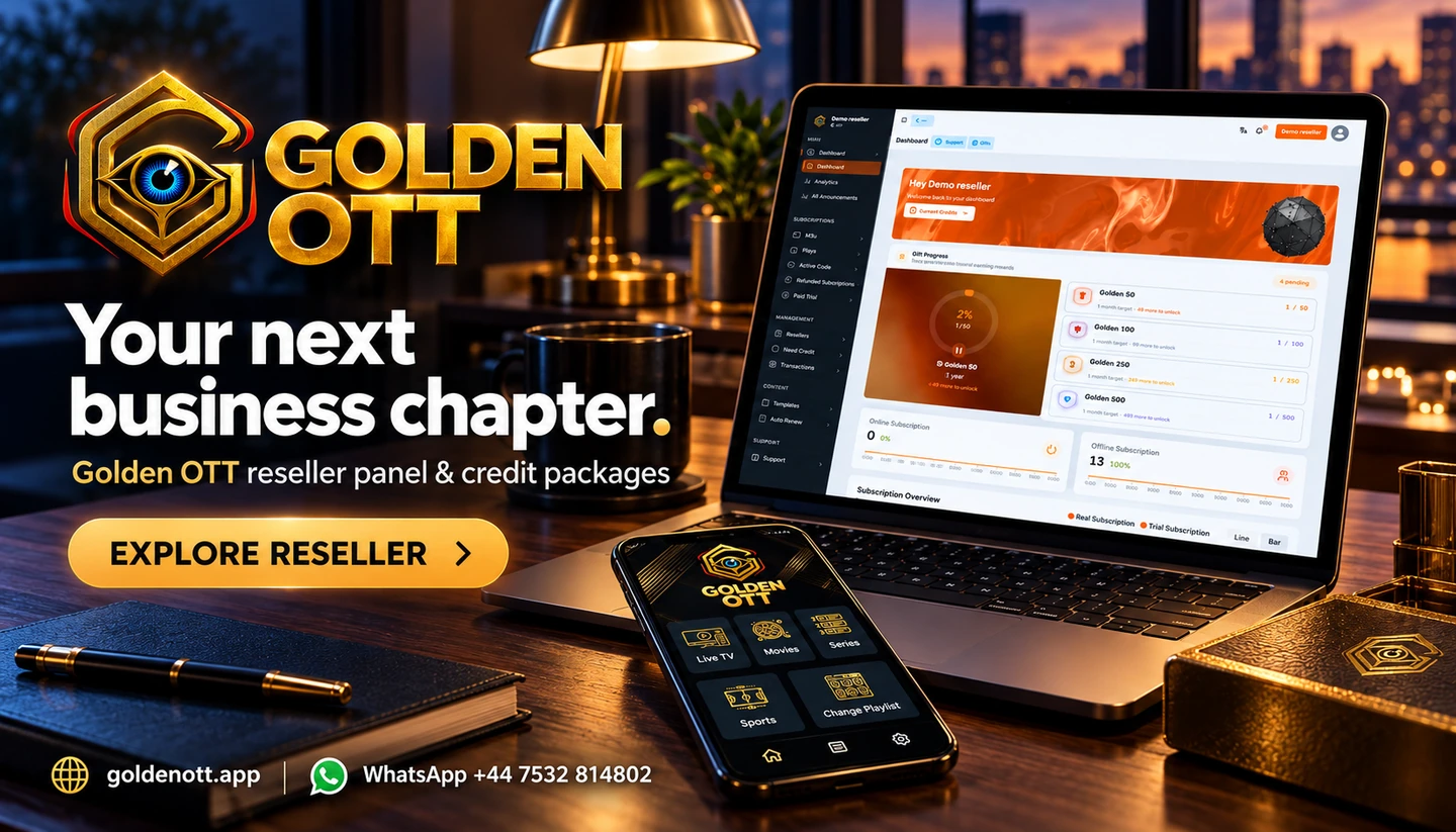 Golden OTT Your next business chapter promotional card with branded viewing or account imagery, goldenott.app and WhatsApp support.