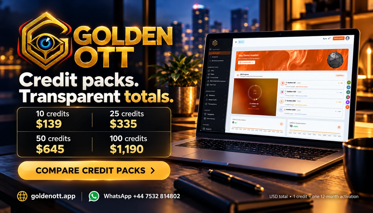 Golden OTT Credit packs. Transparent totals promotional card with branded viewing or account imagery, goldenott.app and WhatsApp support.