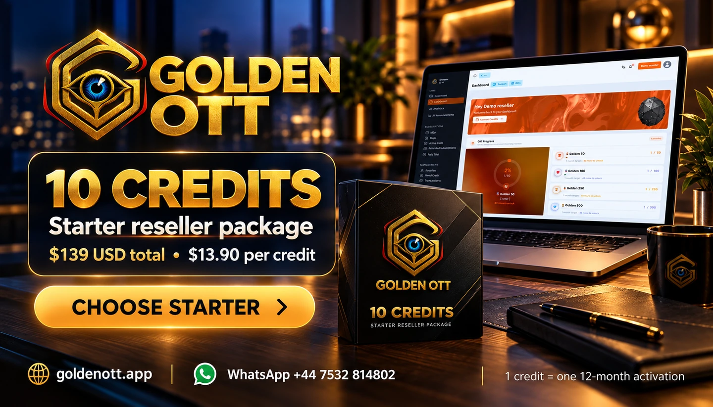 Golden OTT 10 credits reseller package card with Starter reseller package, $139 USD total • $13.90 per credit, software box and panel imagery.