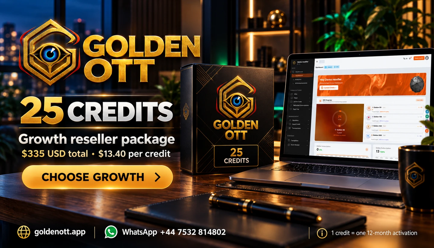 Golden OTT 25 credits reseller package card with Growth reseller package, $335 USD total • $13.40 per credit, software box and panel imagery.
