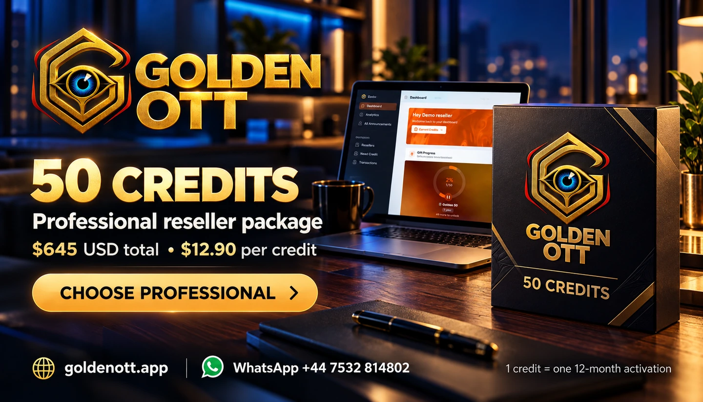 Golden OTT 50 credits reseller package card with Professional reseller package, $645 USD total • $12.90 per credit, software box and panel imagery.