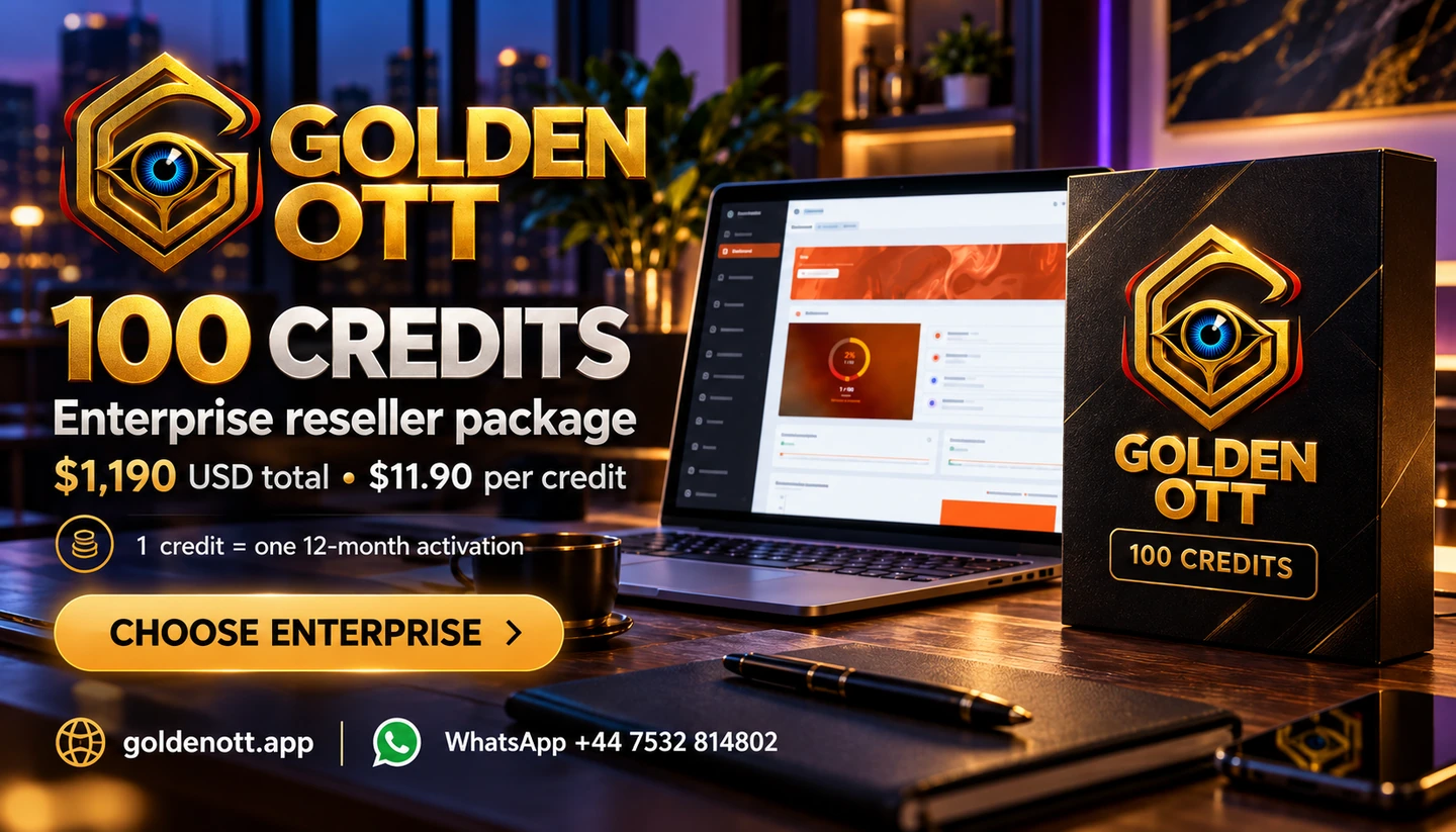 Golden OTT 100 credits reseller package card with Enterprise reseller package, $1,190 USD total • $11.90 per credit, software box and panel imagery.