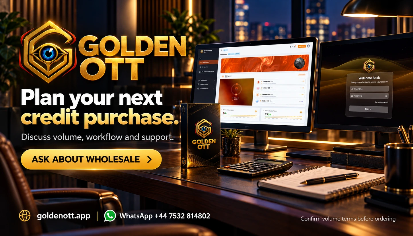 Golden OTT Plan your next credit purchase promotional card with branded viewing or account imagery, goldenott.app and WhatsApp support.