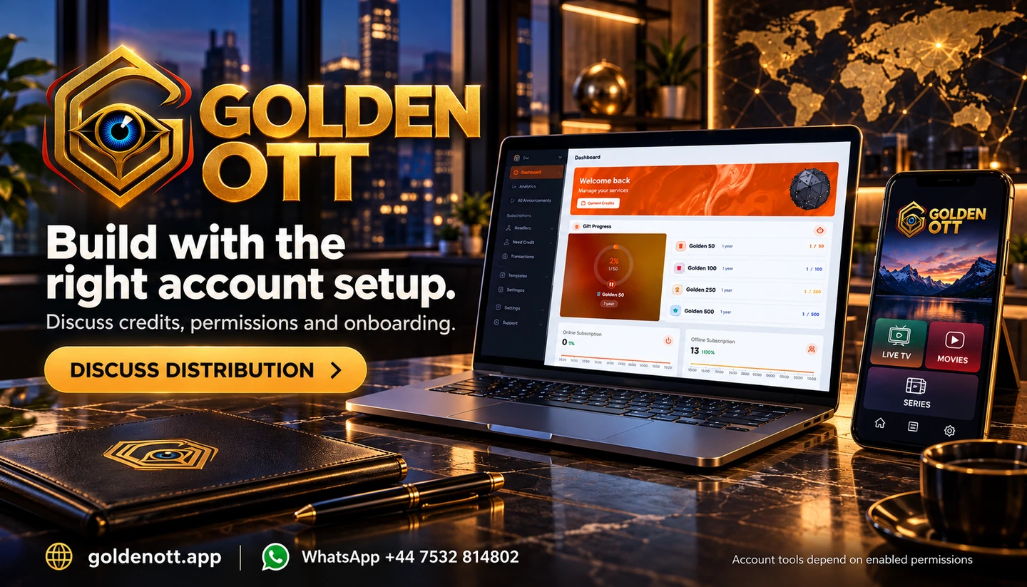 Golden OTT Build with the right account setup promotional card with branded viewing or account imagery, goldenott.app and WhatsApp support.