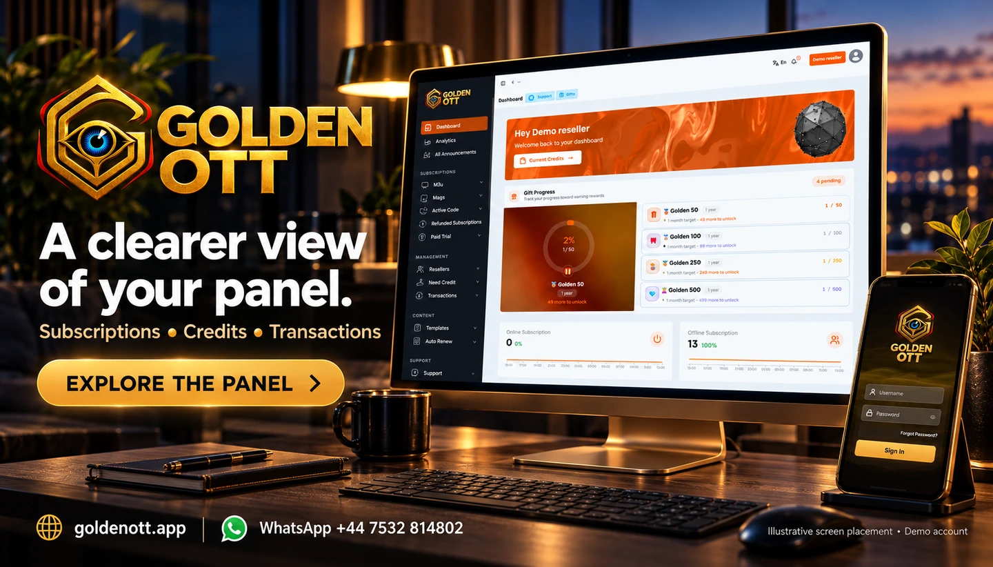 Golden OTT A clearer view of your panel promotional card with branded viewing or account imagery, goldenott.app and WhatsApp support.