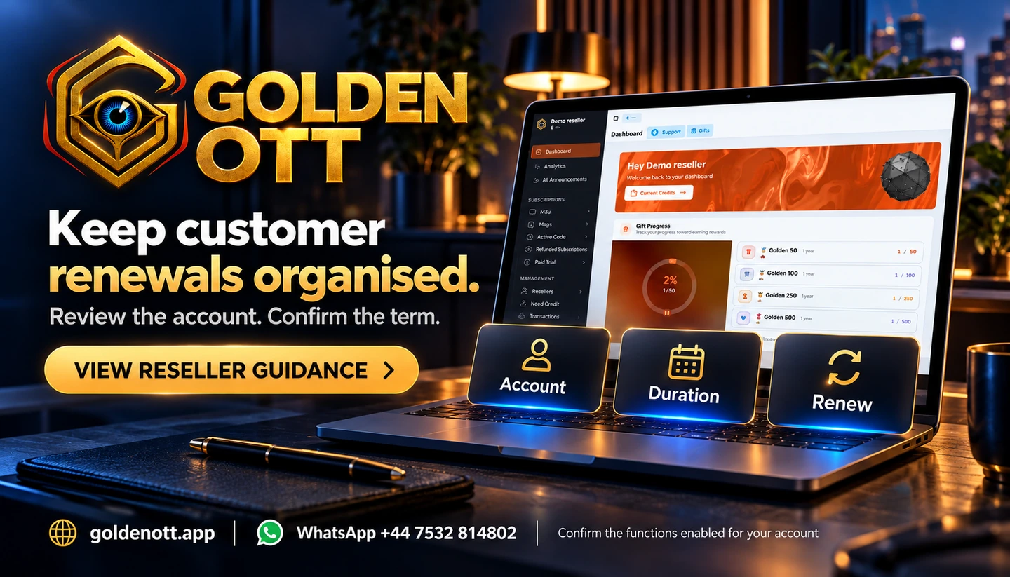 Golden OTT Keep customer renewals organised promotional card with branded viewing or account imagery, goldenott.app and WhatsApp support.