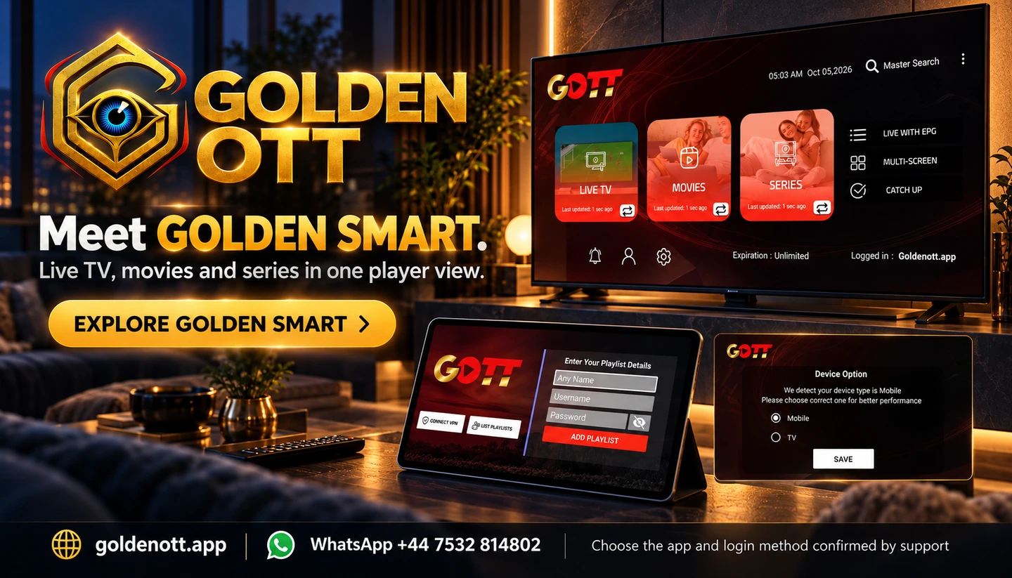 Golden OTT Meet GOLDEN SMART card with supplied player or device artwork and setup guidance.