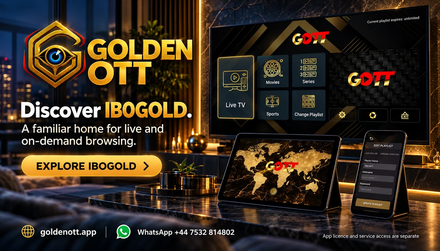 Golden OTT Discover IBOGOLD card with supplied player or device artwork and setup guidance.