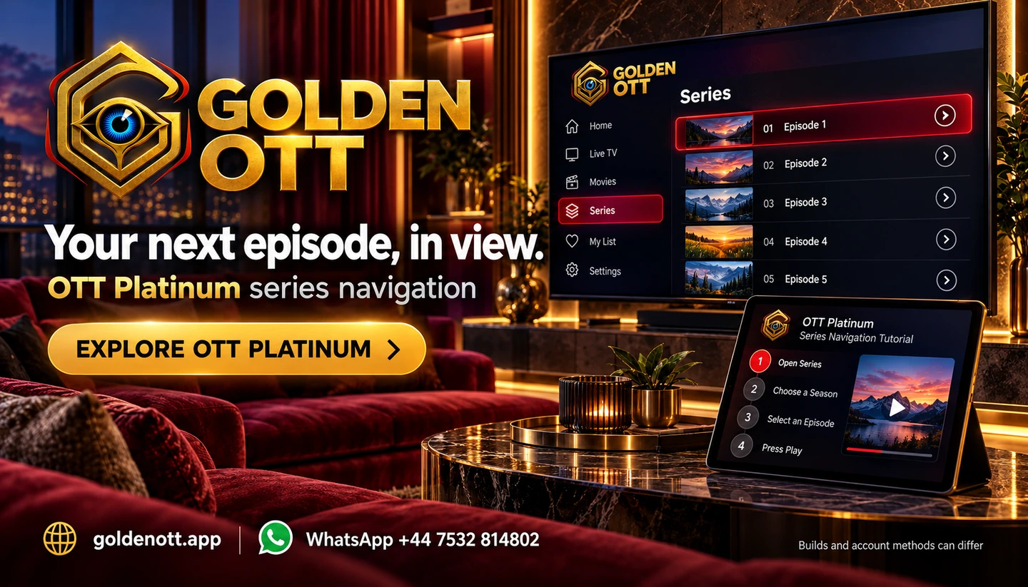 Golden OTT Your next episode, in view card with supplied player or device artwork and setup guidance.