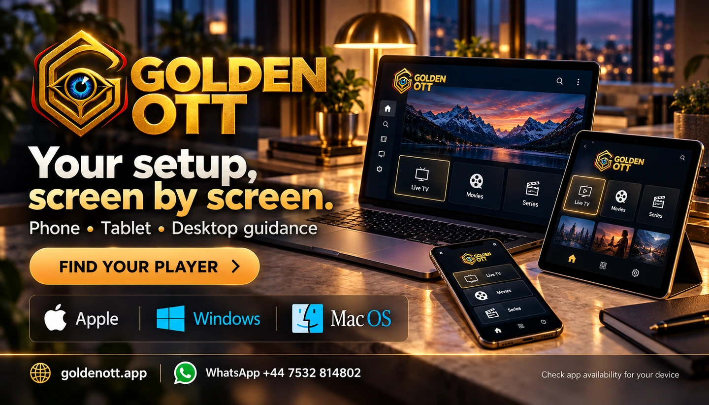 Golden OTT Your setup, screen by screen card with supplied player or device artwork and setup guidance.