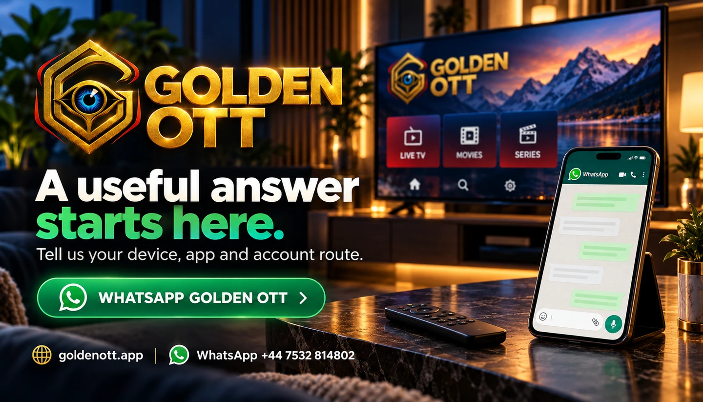 Golden OTT A useful answer starts here promotional card with branded viewing or account imagery, goldenott.app and WhatsApp support.