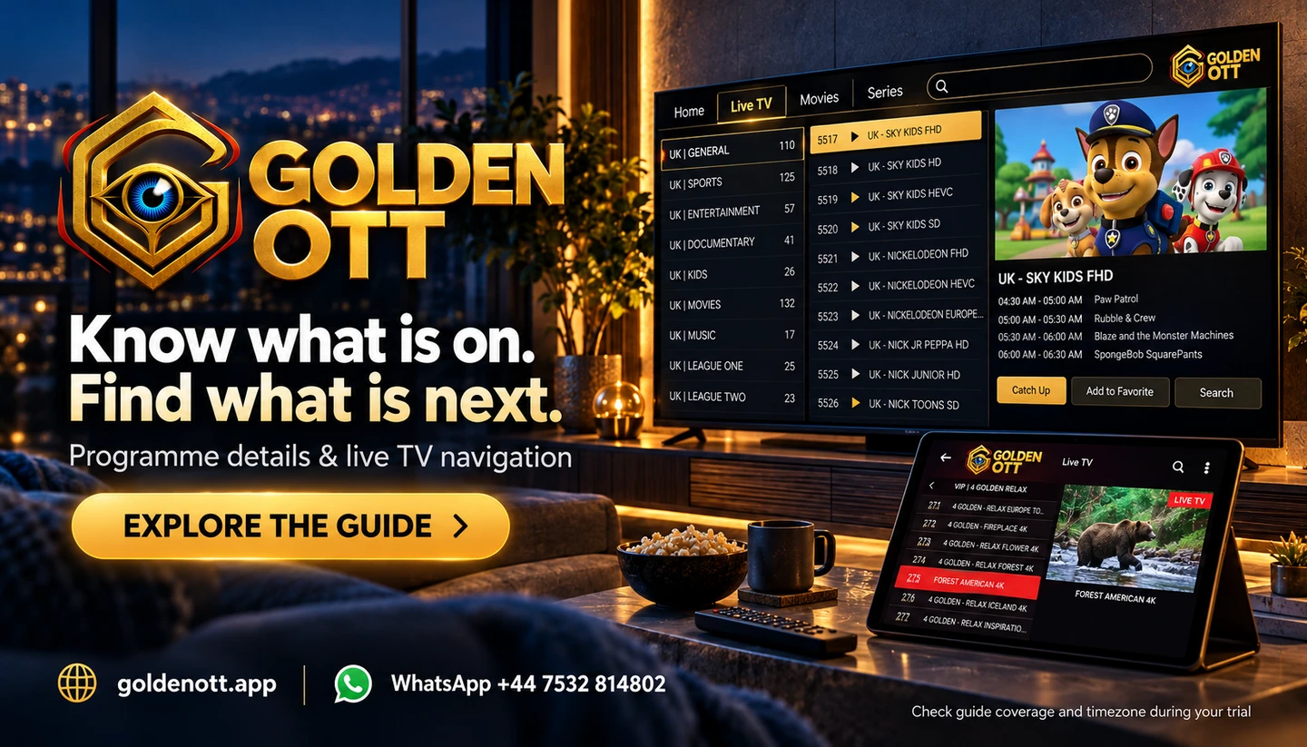 Golden OTT Know what is on. Find what is next promotional card with branded viewing or account imagery, goldenott.app and WhatsApp support.