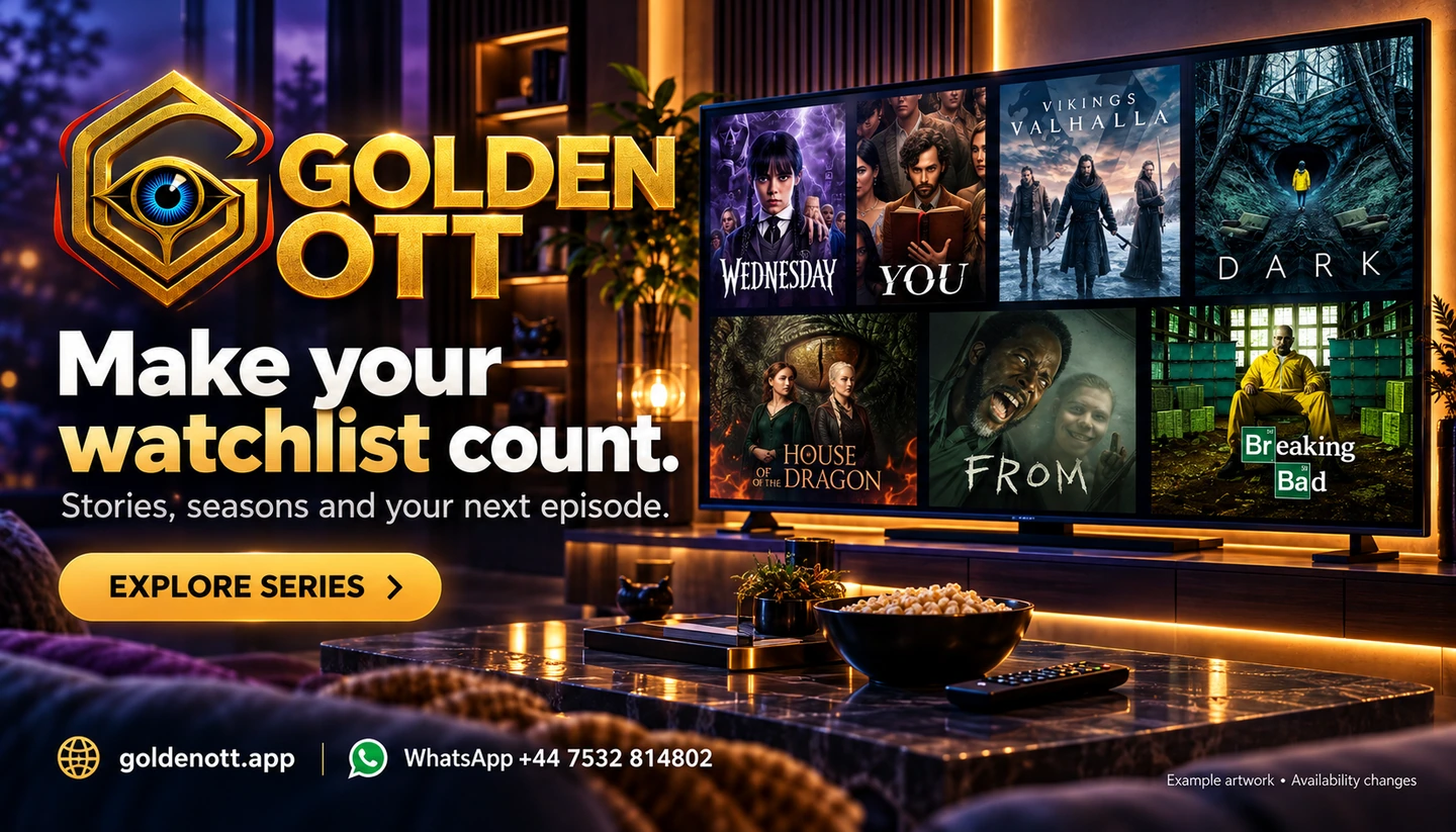 Golden OTT Make your watchlist count promotional card with branded viewing or account imagery, goldenott.app and WhatsApp support.