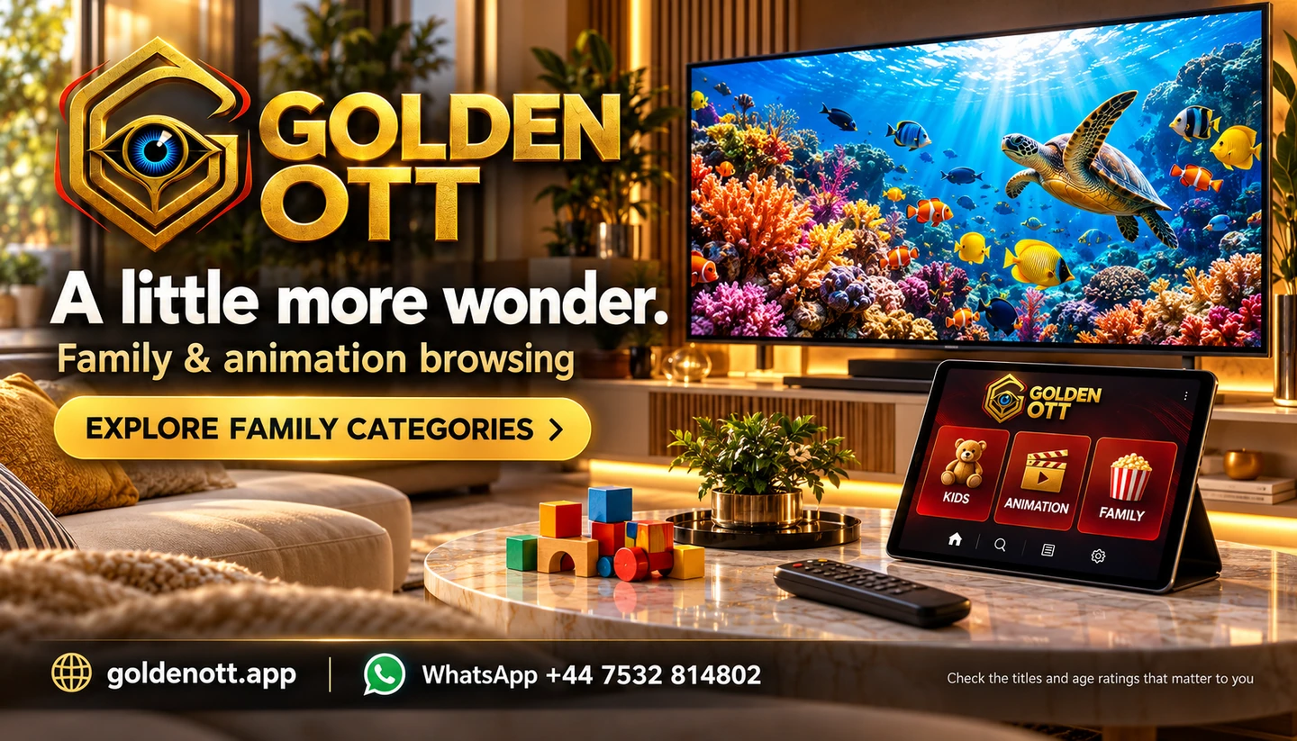 Golden OTT A little more wonder promotional card with branded viewing or account imagery, goldenott.app and WhatsApp support.