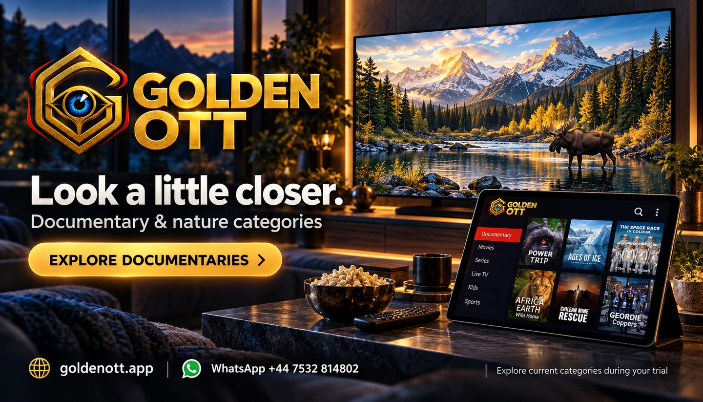Golden OTT Look a little closer promotional card with branded viewing or account imagery, goldenott.app and WhatsApp support.