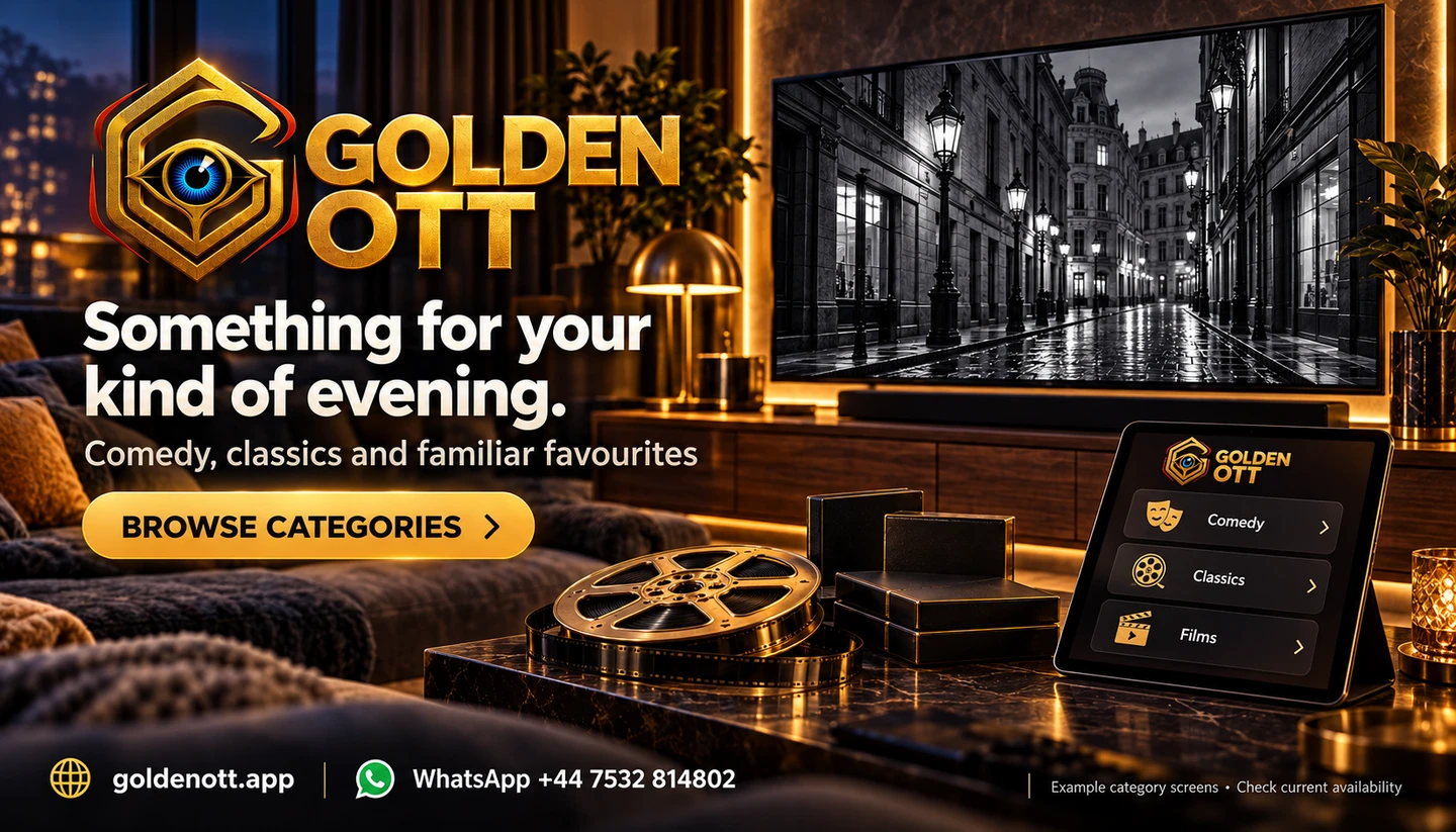 Golden OTT Something for your kind of evening promotional card with branded viewing or account imagery, goldenott.app and WhatsApp support.