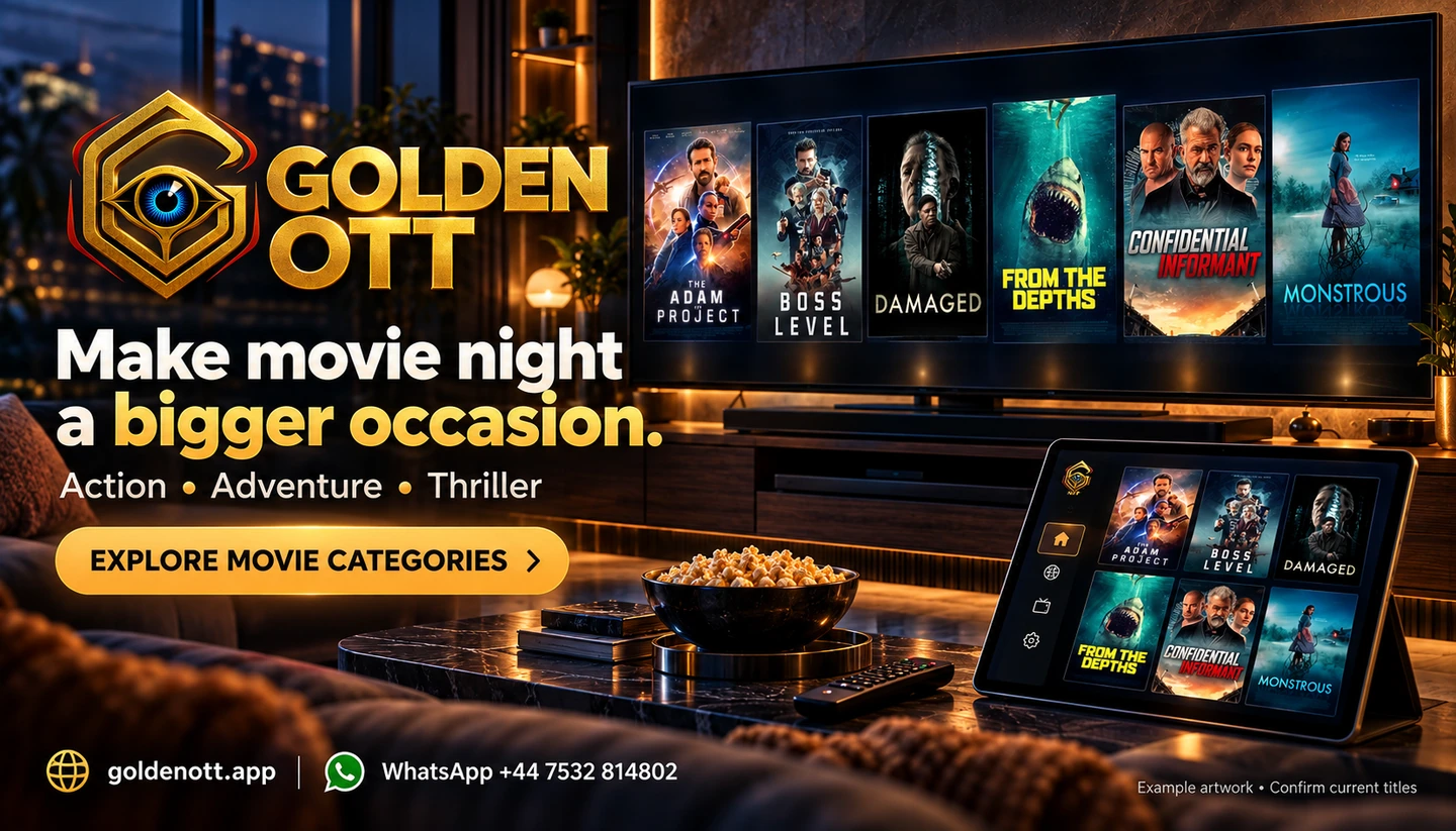 Golden OTT Make movie night a bigger occasion promotional card with branded viewing or account imagery, goldenott.app and WhatsApp support.