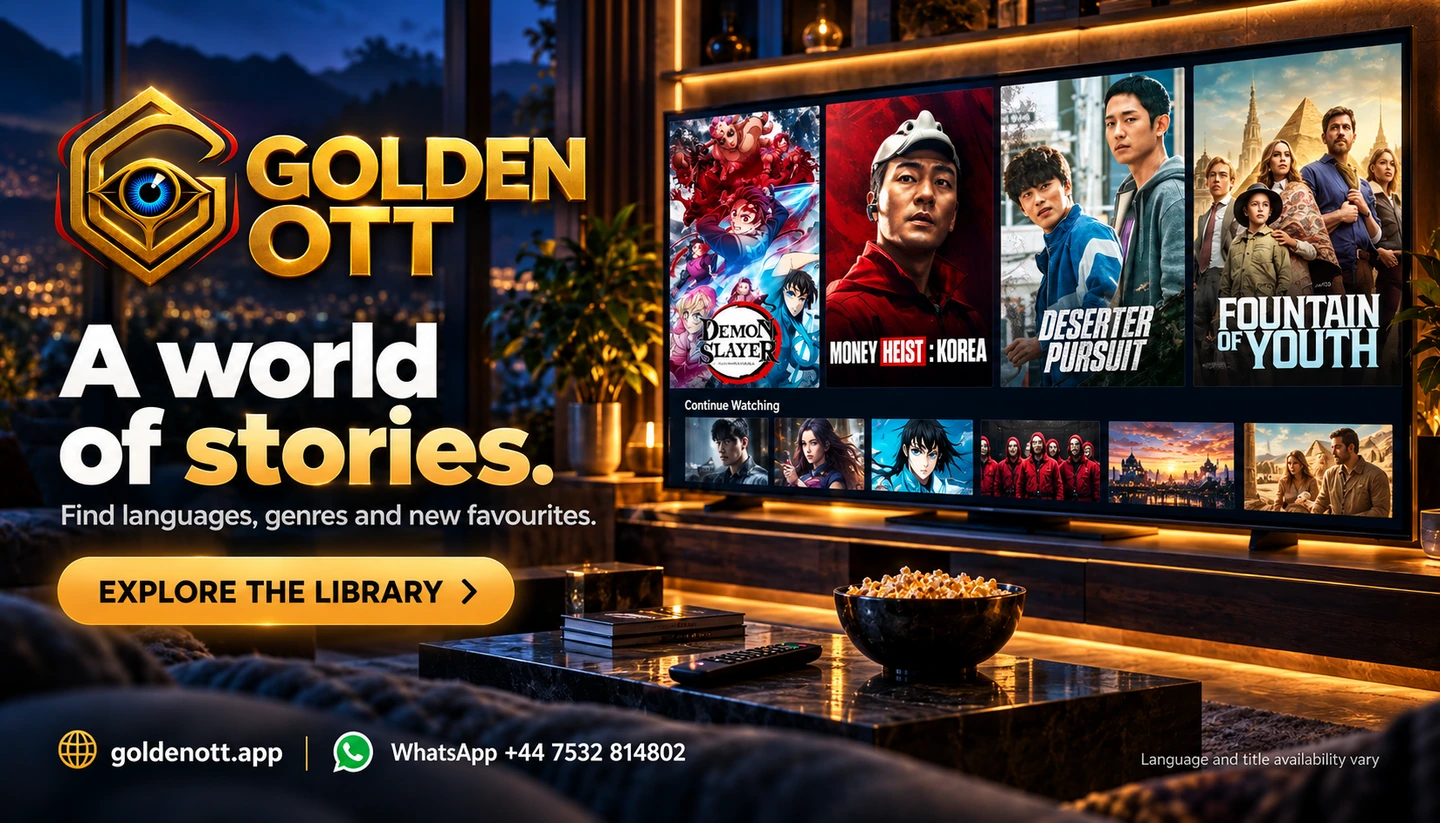 Golden OTT A world of stories promotional card with branded viewing or account imagery, goldenott.app and WhatsApp support.