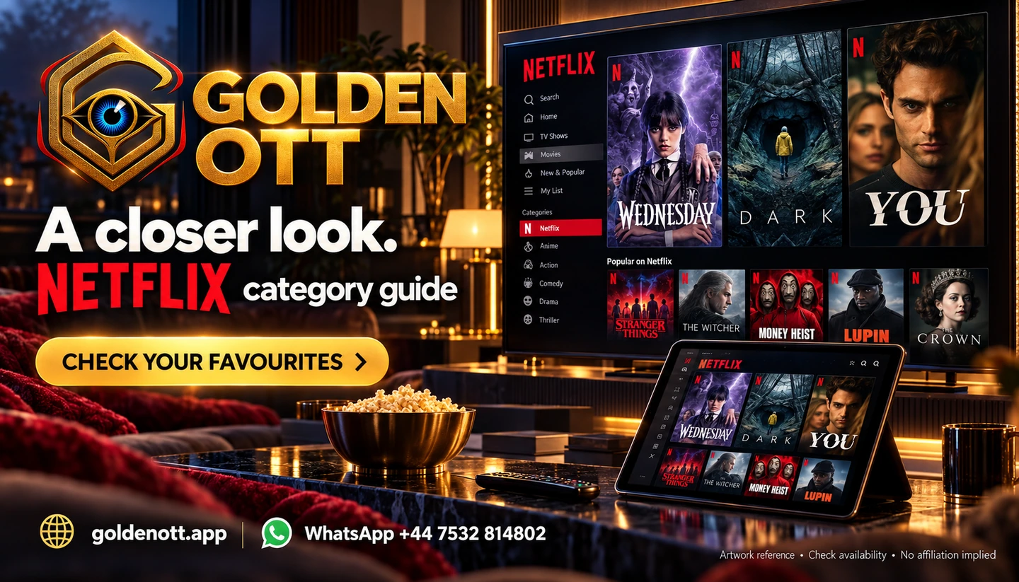 Golden OTT NETFLIX category guide artwork reference card with viewing screen, gold branding and support contact.