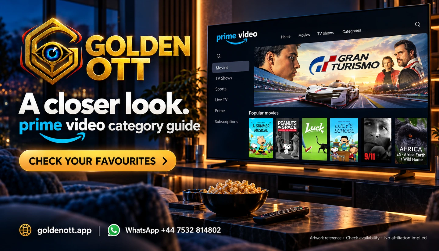 Golden OTT prime video category guide artwork reference card with viewing screen, gold branding and support contact.