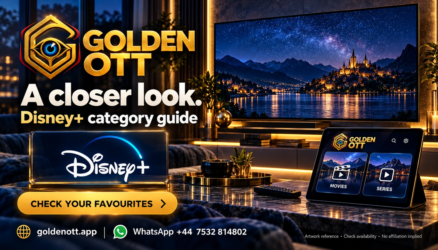 Golden OTT Disney+ category guide artwork reference card with viewing screen, gold branding and support contact.
