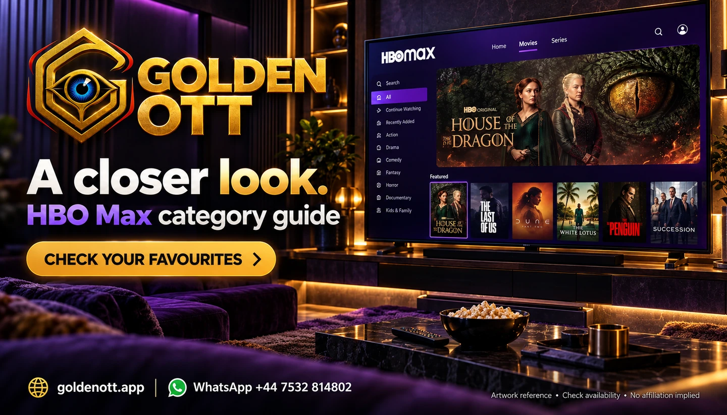 Golden OTT HBO Max category guide artwork reference card with viewing screen, gold branding and support contact.