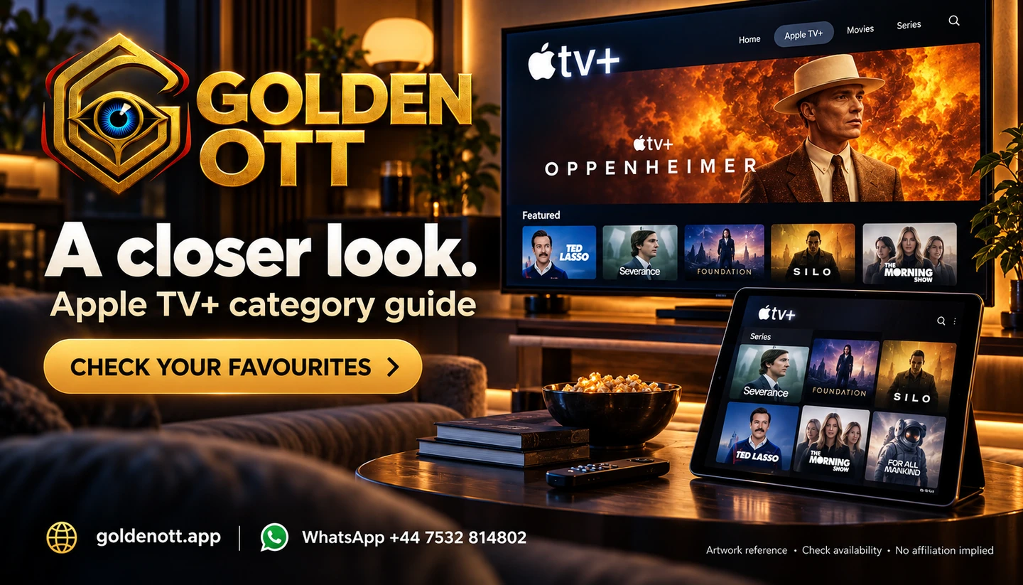 Golden OTT Apple TV+ category guide artwork reference card with viewing screen, gold branding and support contact.