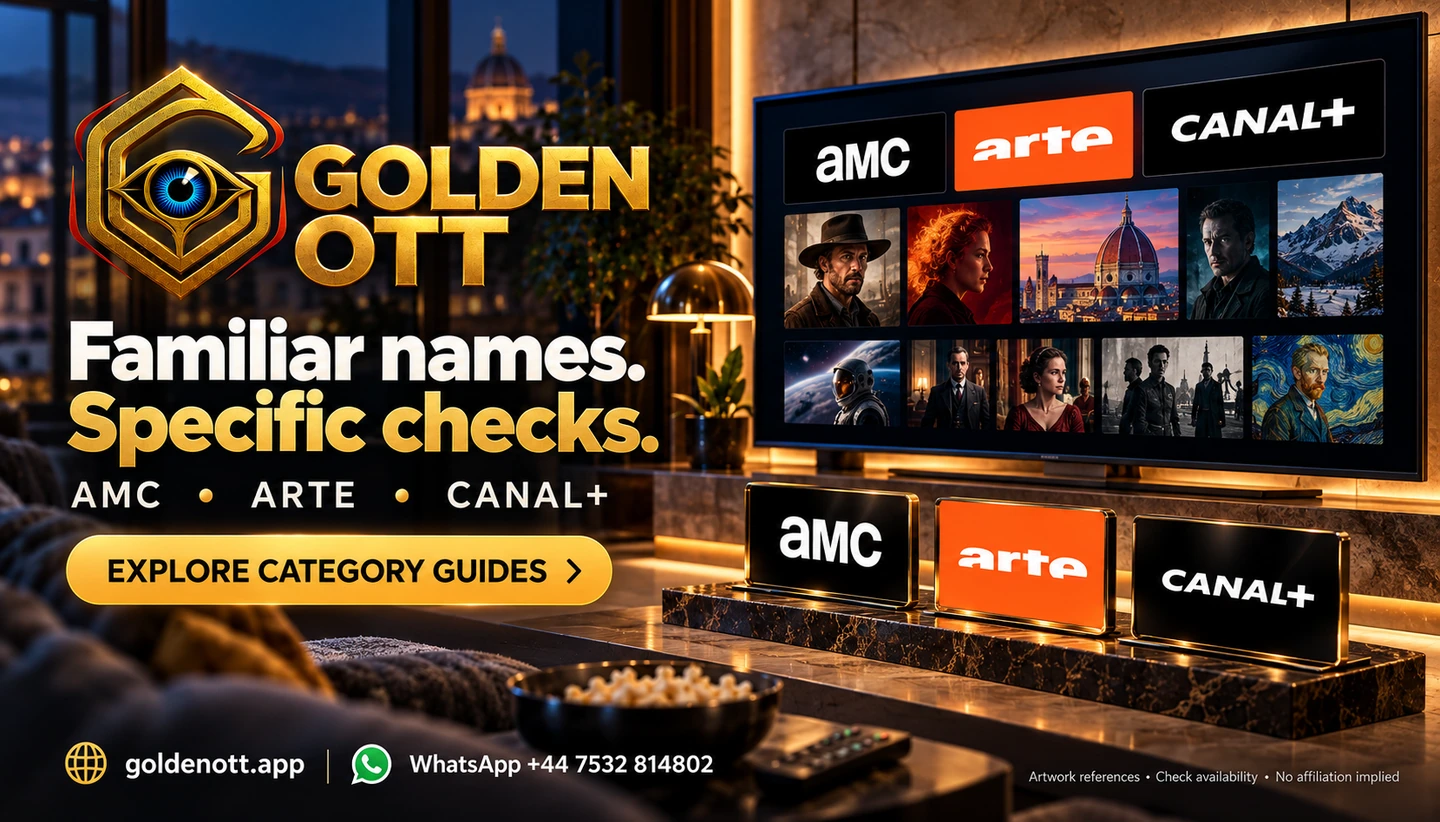 Golden OTT AMC • ARTE • CANAL+ artwork reference card with viewing screen, gold branding and support contact.