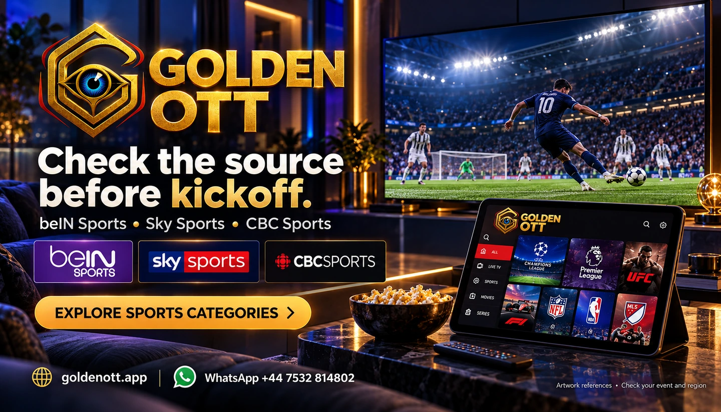 Golden OTT beIN Sports • Sky Sports • CBC Sports artwork reference card with viewing screen, gold branding and support contact.