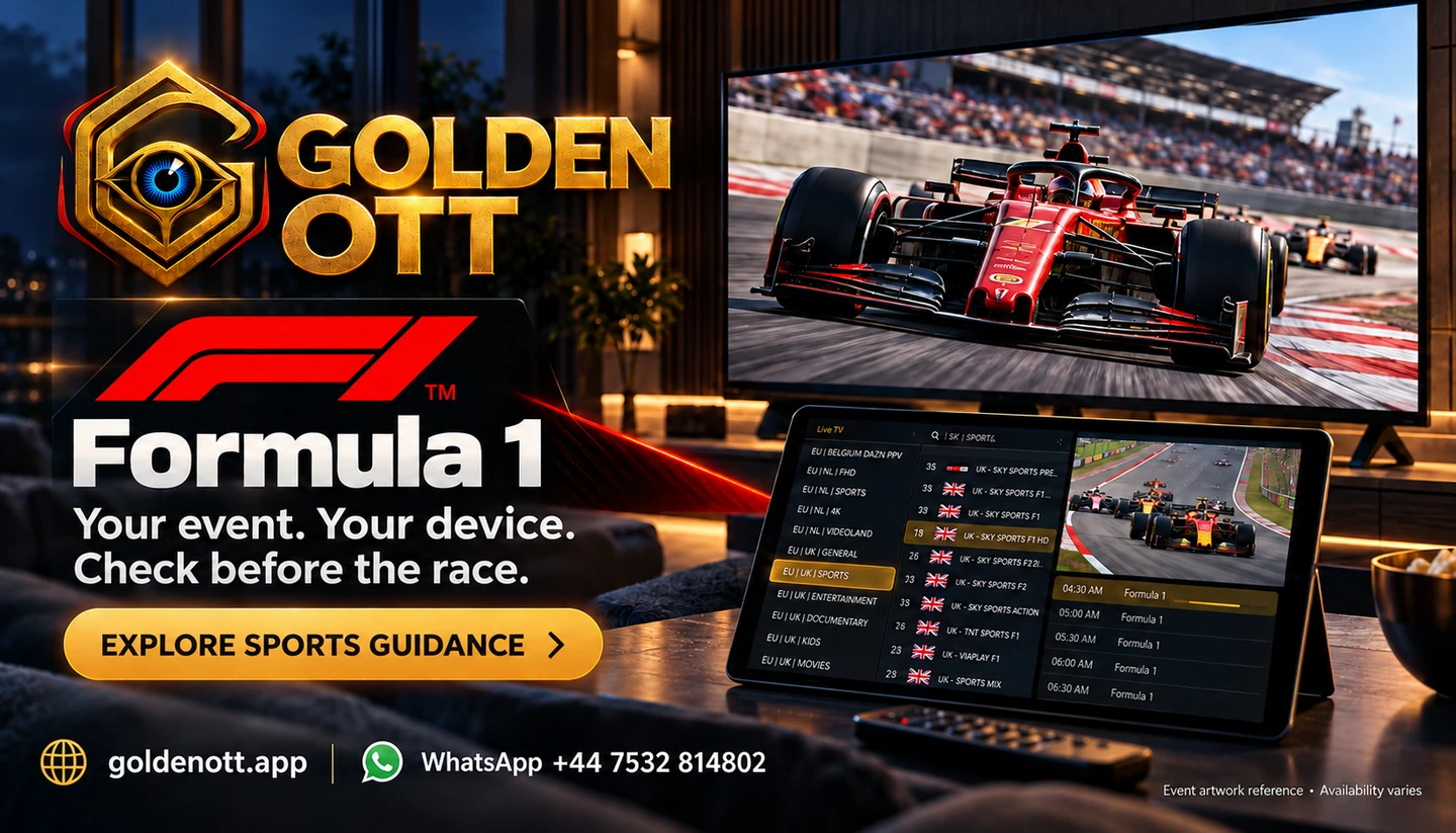 Golden OTT Formula 1 category card with supplied event logo, sports viewing scene and WhatsApp support.