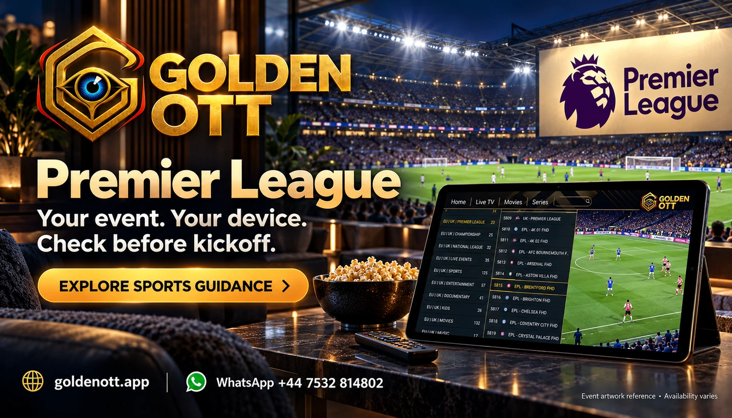 Golden OTT Premier League category card with supplied event logo, sports viewing scene and WhatsApp support.
