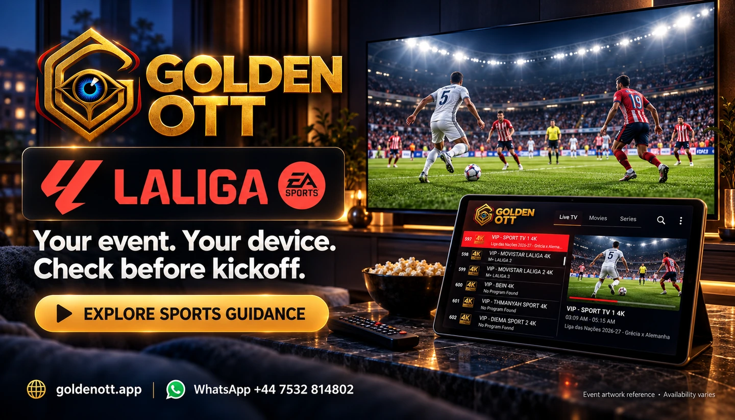 Golden OTT LaLiga category card with supplied event logo, sports viewing scene and WhatsApp support.