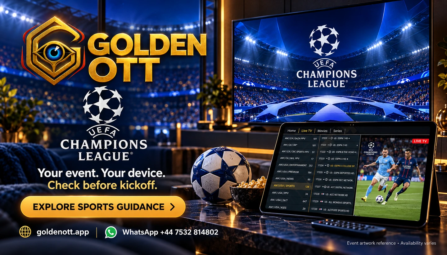 Golden OTT UEFA Champions League category card with supplied event logo, sports viewing scene and WhatsApp support.