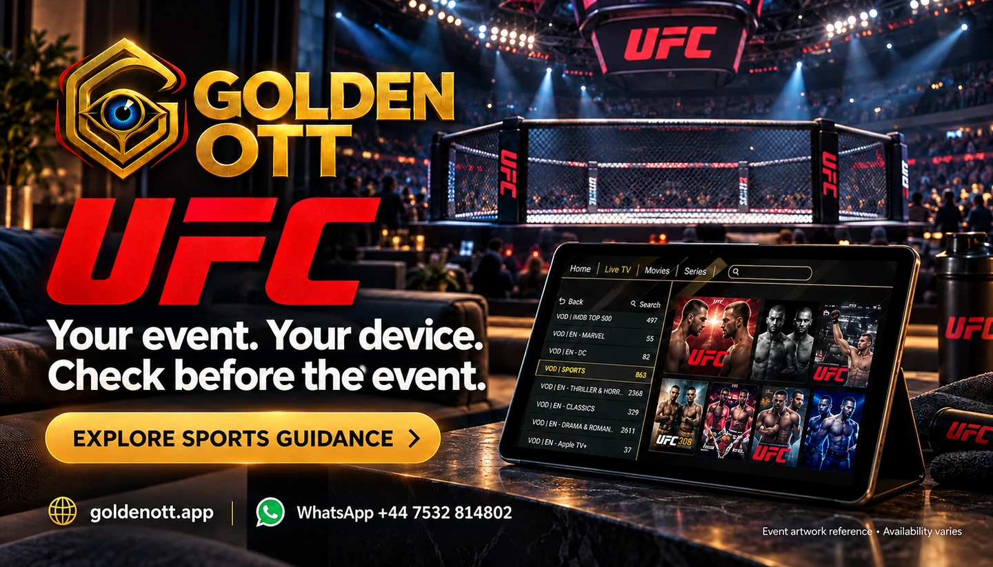 Golden OTT UFC category card with supplied event logo, sports viewing scene and WhatsApp support.