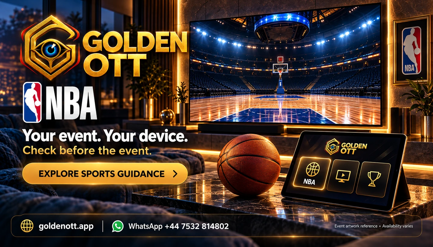 Golden OTT NBA category card with supplied event logo, sports viewing scene and WhatsApp support.